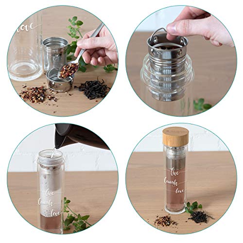 Navaris Botella de Agua de Cristal - Termo para té de 500 ML de Vidrio de borosilicato - Tetera con Filtro para té de Acero Tapa y Funda de Neopreno