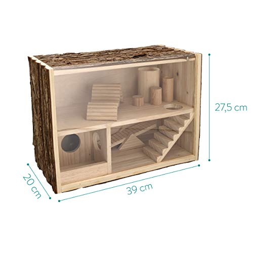 Navaris Casa de Madera Natural para hámster - Casa de Juegos con rampas Puente y escondite para Ratones hámster roedores jerbos - 39 x 20 x 27.5CM