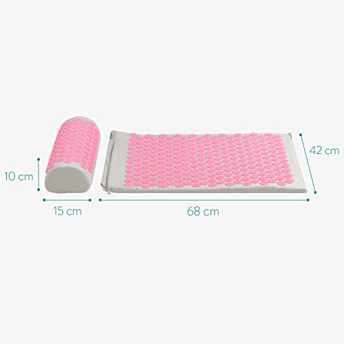 Navaris Set de masaje de acupresión - Esterilla de acupuntura y almohada - Manta para alivio de contracturas musculares dolor muscular - Gris y rosa