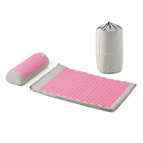 Navaris Set de masaje de acupresión - Esterilla de acupuntura y almohada - Manta para alivio de contracturas musculares dolor muscular - Gris y rosa