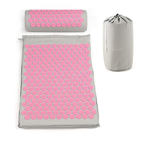 Navaris Set de masaje de acupresión - Esterilla de acupuntura y almohada - Manta para alivio de contracturas musculares dolor muscular - Gris y rosa