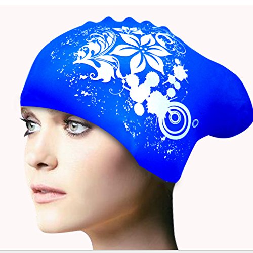 Ndier Gorro de Natación para Mujer, Gorro de Silicona Impresa Flores para Cabello Largo, Grueso o Rizado, Bianco