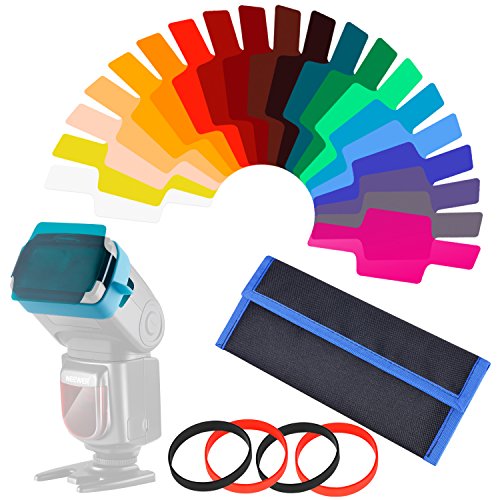 Neewer 20 Piezas Filtro de Gel kit Cámara Flash Speedlite Color Iluminación, Lámina de Corrección de Color Transparente Láminas de Plástico con 4 Ataduras y 1 Bolsa de Transporte para Fotografía Flash