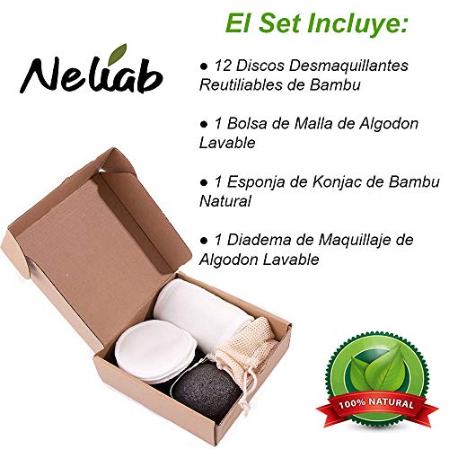 Neliab Discos Desmaquillantes Reutilizables Ecológicos Bambú con Esponja Konjac Esfoliante, Felpa Algodón y Bolsa Lavables - Toallitas Suaves Ideales para Limpieza facial - 12 Discos Maxi