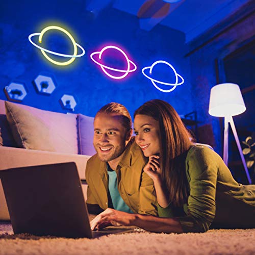 Neon Light LED Planet Neon Signs, Planet Shaped Neon Sign Wall Decor USB/Battery Night Light for Bedroom Wedding Party Bar Pub Hotel Beach Kids Girls Room Wall Decor Accessory (Pink)