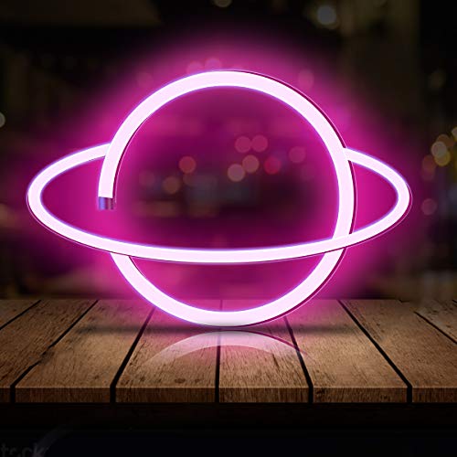 Neon Light LED Planet Neon Signs, Planet Shaped Neon Sign Wall Decor USB/Battery Night Light for Bedroom Wedding Party Bar Pub Hotel Beach Kids Girls Room Wall Decor Accessory (Pink)