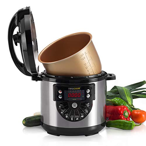 NEWCOOK Olla Programable Newcook Delicious Negra, Olla a Presión Multifunción Eléctrica con Voz, 15 Funciones, 1000W,6 l, 4 Niv. Presión,Cubeta con recubrimiento cerámico. Accesorio para Freír