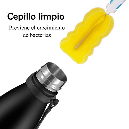 Newdora Botella de Agua Acero Inoxidable 500ml, Aislamiento de Vacío de Doble Pared, Botellas de Frío/Caliente, con 1 un Cepillo de Limpieza, para Niños, Deporte, Oficina, Gimnasio, Ciclismo, Negro