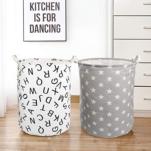 NEWSTYLE Cesto para la Colada,Plegable Cestas de Ropa Impermeable Algodón de Lino Bolsas Almacenamiento para Colada Tela Grande Cestos con Asa Cordón para Juguete Ropa Sucia (White Letters)