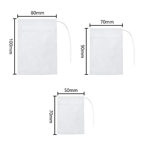 NewZC 300 bolsas de té vacías 3 tamaños desechables bolsas de filtro de té de tela no tejida con cordón para té suelto, café, frutas, té, flores, especias, 5 x 7/7 x 9/9 x 10 cm