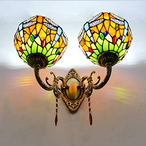 NEXFAN Lámpara De Pared Estilo Tiffany, Pantalla De Vidriera Retro Europea, Lámpara De Pared De Doble Cabezal para Pasillo De Cabecera, Lámpara De Pared con Espejo De Baño, 110-220 V, A
