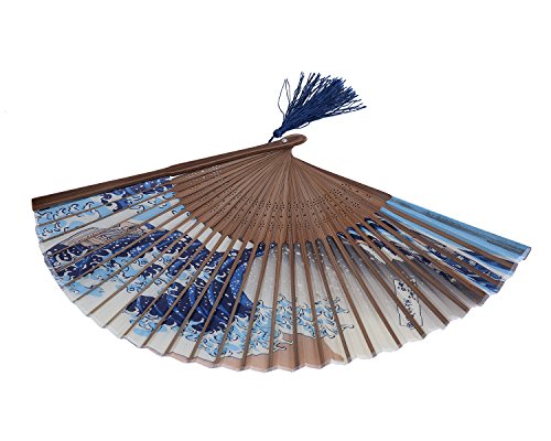 niceeshop(TM) Abanico de la Mano, Abanico Plegable de Bambú de Encaje del Patrón de Onda Azul Profundo y Blanco