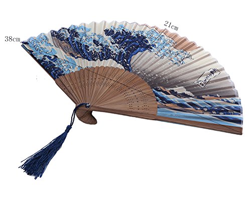 niceeshop(TM) Abanico de la Mano, Abanico Plegable de Bambú de Encaje del Patrón de Onda Azul Profundo y Blanco