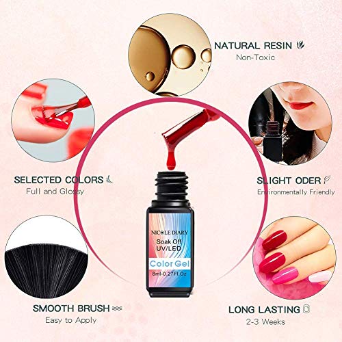 NICOLE DIARY Kit de inicio de esmalte de uñas de gel con lámpara de uñas de luz UV/LED 54W, base y capa superior, herramientas de manicura + 6 esmaltes de gel de colores clásicos populares (8 ml)