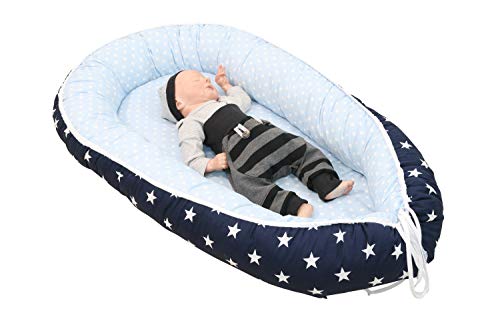 Nido para bebé de ULLENBOOM ® azul claro azul gris (nido de 55 x 95 cm de algodón; apto como cuna de viaje y para el colecho; dibujo: estrellas)