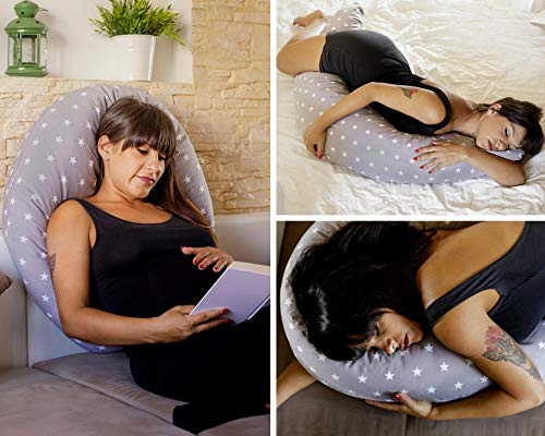 Niimo Cojin Lactancia Bebe y Almohada Embarazada Dormir Multifuncion Funda Cojin 100% Algodon Desenfundable y Lavable Relleno de Poliester Multiusos Maternidad (Gris - Lunares Blancos)