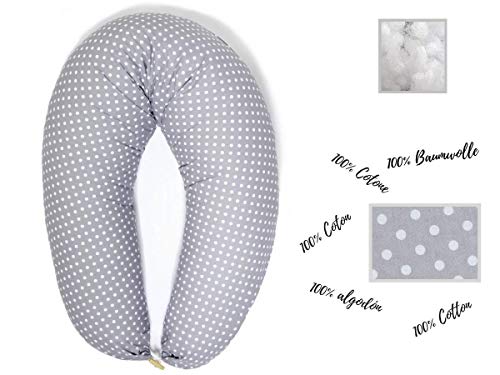 Niimo Cojin Lactancia Bebe y Almohada Embarazada Dormir Multifuncion Funda Cojin 100% Algodon Desenfundable y Lavable Relleno de Poliester Multiusos Maternidad (Gris - Lunares Blancos)