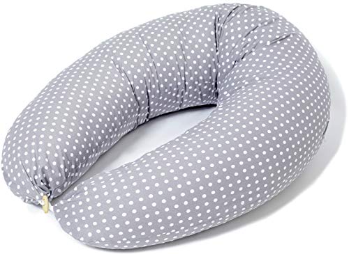 Niimo Cojin Lactancia Bebe y Almohada Embarazada Dormir Multifuncion Funda Cojin 100% Algodon Desenfundable y Lavable Relleno de Poliester Multiusos Maternidad (Gris - Lunares Blancos)