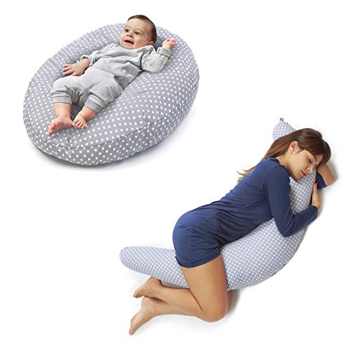 Niivetto Almohada Embarazo Dormir y Cojin Lactancia Bebe XXL Funda 100% Algodon Desenfundable y Lavable Relleno de Fibra Hueca Poliester Siliconado by Niimo (Gris - Lunares Blancos)