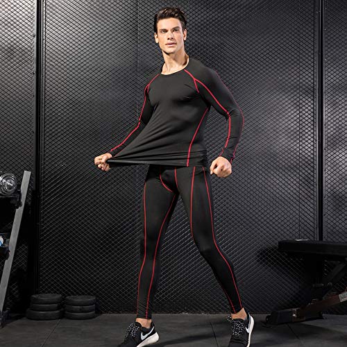 Niksa 2 Piezas Camisetas de Fitness Compresión Ropa Deportiva Manga Larga Hombre para Correr, Ejercicio,Gimnasio 1059 (X-Large(Fit Chest 38.5"-40.5"), (Manga Larga) Negro Gris+Negro Rojo)