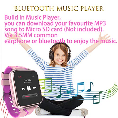 Niños Musica Smartwatch Phone, Reloj Inteligente MP3 con Localizador GPS Chat de Voz SOS Cámara Despertador FM Linterna Relojes para Niños Niñas 4-15 años de Edad Compatible con iOS Android, Rosa