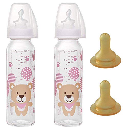 NIP biberon cristal 250 ml / 2 unidades / 4 Tetina Leche ( 2 tetina de silicona +2 tetina de látex )