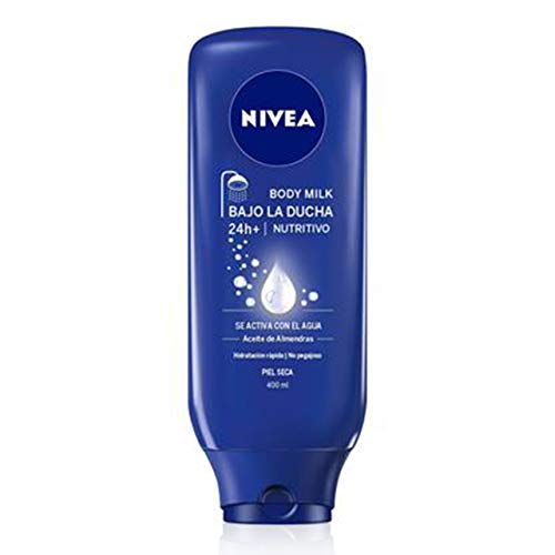NIVEA Bajo la Ducha Body Milk Nutritivo (1 x 400 ml), leche hidratante para la ducha, acondicionador de piel con aceite de almendras para el cuidado de la piel seca