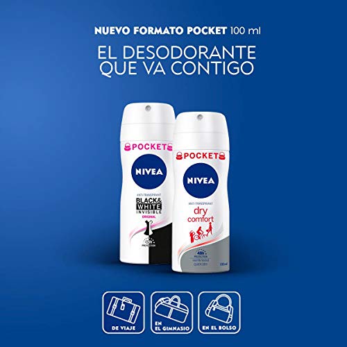 NIVEA Black & White Invisible Original Spray Pocket en pack de 6 (6 x 100 ml), desodorante de mujer con protección 48h, desodorante antitranspirante para cuidado femenino