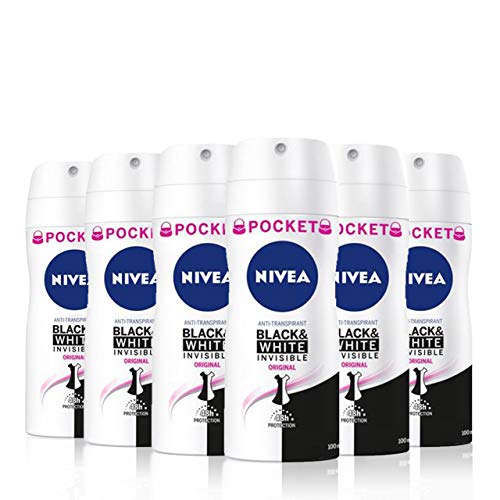 NIVEA Black & White Invisible Original Spray Pocket en pack de 6 (6 x 100 ml), desodorante de mujer con protección 48h, desodorante antitranspirante para cuidado femenino