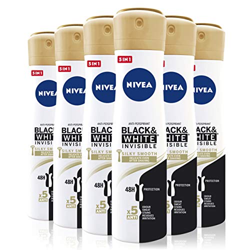 NIVEA Black & White Invisible Silky Smooth Spray en pack de 6 (6 x 200 ml), desodorante antitranspirante para una piel suave, desodorante spray para proteger la ropa