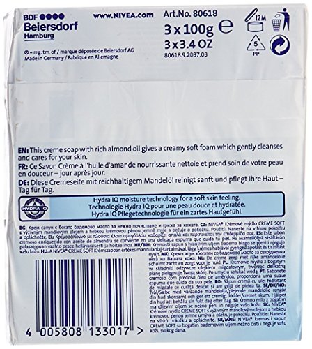 NIVEA Creme Soft Jabón en Pastilla (3 unidades x 100 gramos), está enriquecida con Aceite de Almendras para limpiar y cuidar la piel de las manos