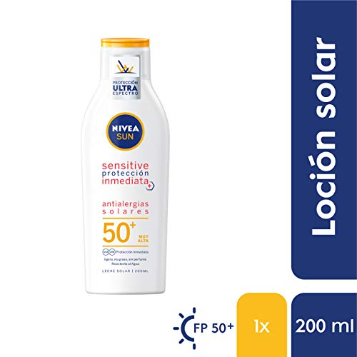 NIVEA SUN Sensitive Protección Inmediata Antialergias Solares Leche Solar FP 50+, protector solar no graso para piel sensible, crema solar resistente al agua - 1 x 200 ml