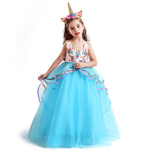 NNJXD Disfraz de Fiesta de Unicornio para Niñas Cosplay Disfraz de Halloween Tamaño (160) 11-12 Años Azul