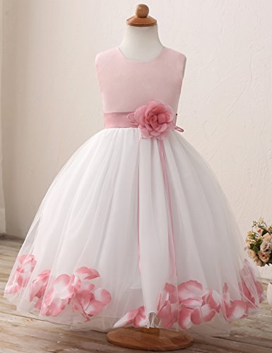 NNJXD Girl Flower Petal Bowknot Bautizo Vestido de Fiesta de la Dama de Honor de la Boda Talla (120) 4-5 años Rosa