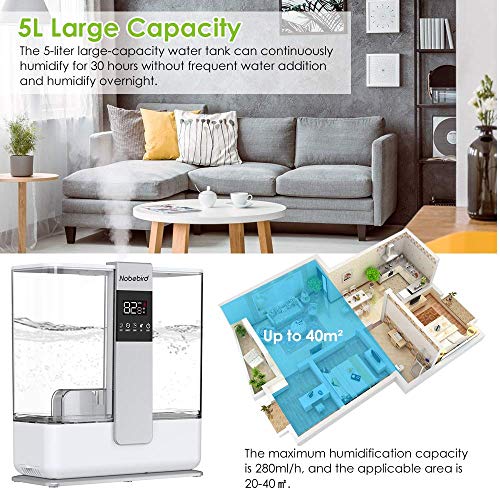 Nobebird Humidificador 5L, Niebla Fría 360°, Ultra Silencioso, Auto-Apagado sin Agua, Humedad Ajustable, Difusor de Aceites Esenciales, Remoto, Temporizador, Modo de Sueño para Casa, Oficina