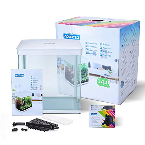 Nobleza - Acuario de Cristal con Cubierta y Luces LED. Sistema de Filtro de 14 litros. Color Blanco