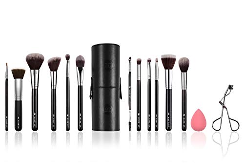 Noir Deluxe - Juego De Brochas y Pinceles de Maquillaje Profesionales con Esponja, Rizador de Pestañas y Estuche en Una Caja de Regalo (Plata)