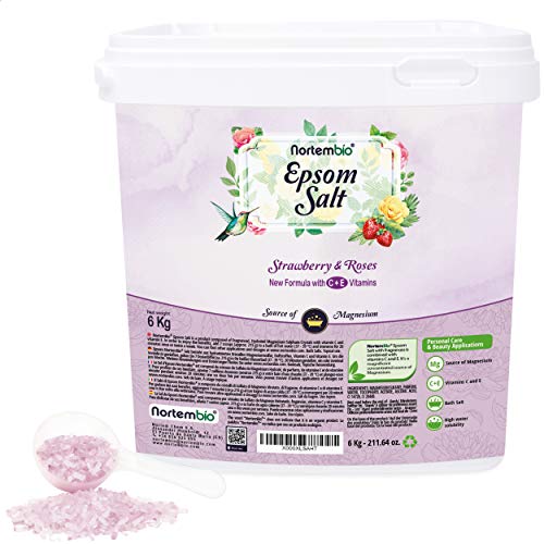 Nortembio Sal de Epsom 6 Kg. Novedosa Fragancia de Fresa y Rosas. Hidratada con Vitamina C y E. Sales de Baño y Cuidado Personal. E-Book incluido.