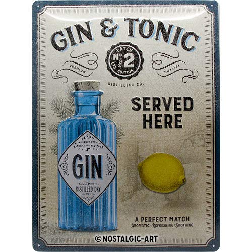 Nostalgic-Art Open Bar - Gin & Tonic Served Here - Idea de regalo para fans de cóctel, cartel de chapa retro, metal, decoración vintage, 30 x 40 cm