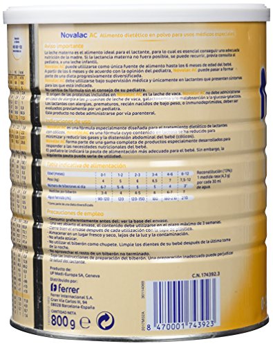 NOVALAC AC - Leche infantil formulada especialmente para bebés de 0 a 12 meses, lactantes con cólicos. 800G