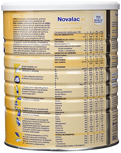 NOVALAC AC - Leche infantil formulada especialmente para bebés de 0 a 12 meses, lactantes con cólicos. 800G
