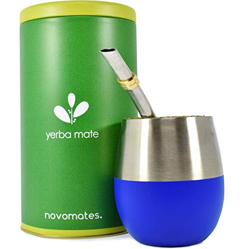 Novomates Yerba Mate Set de Mate y Bombilla (sorbete) - Incluye Mate Acero Inoxidable de Doble Pared (Azul, 237ml) con Bombilla de Acero Inoxidable y Contenedor para Yerba Mate