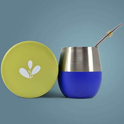 Novomates Yerba Mate Set de Mate y Bombilla (sorbete) - Incluye Mate Acero Inoxidable de Doble Pared (Azul, 237ml) con Bombilla de Acero Inoxidable y Contenedor para Yerba Mate