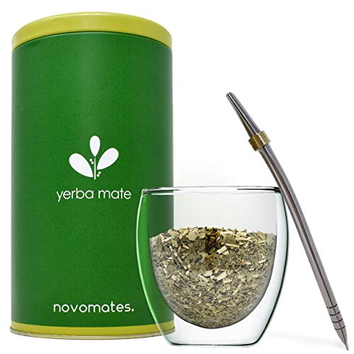 Novomates Yerba Mate Set de Mate y Bombilla (sorbete) - Incluye Mate de Cristal de Doble Pared (250ml) con Bombilla de Acero Inoxidable y Contenedor para Yerba Mate