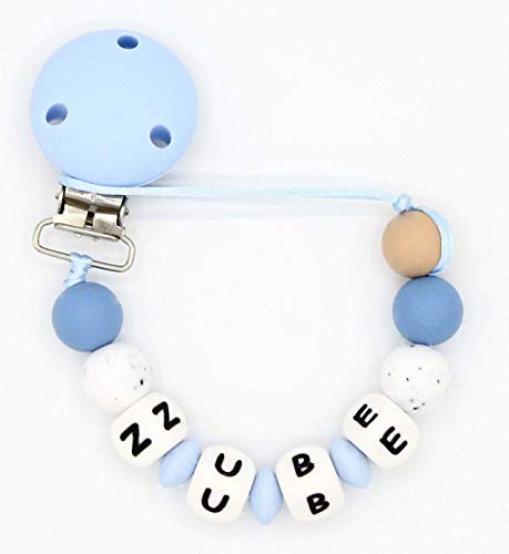 NUBE. Chupetero Personalizado con el Nombre del Bebe Niño. Alivio de las Molestias Propias de la Dentición. Diseño Exclusivo. Práctica Bolsa de Regalo.(BLUE)