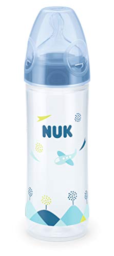 NUK 10216239 New Classic - Biberón (cuerpo de botella estrecho, 250 ml, chupete de silicona, para la mandíbula, 6-18 meses), diseño de avión, color azul
