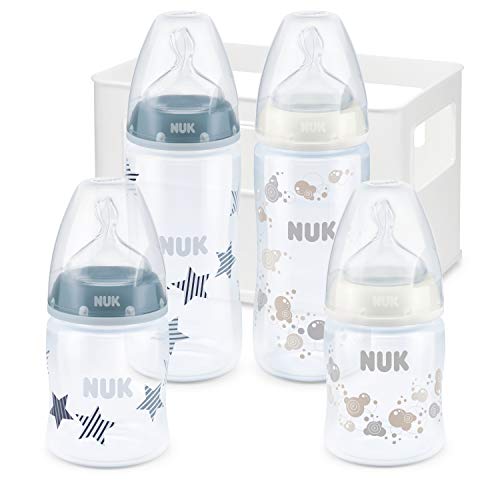 NUK First Choice Plus 10225106 Boy Juego de 4 biberones anti-cólico incluyendo tetinas de silicona y caja de botella, 1 pieza, 2 x 150 ml / 2 x 300 ml