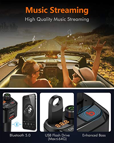 Nulaxy Bluetooth Coche Mechero, Transmisor FM Bluetooth para Coches : FM Mechero Bluetooth para Radio de Llamada Manos al Libre Kit de Coche, Cargador automático con 1 Puertos USB-A y USB-C PD