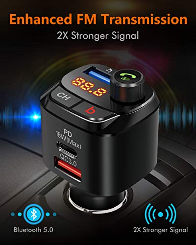 Nulaxy Bluetooth Coche Mechero, Transmisor FM Bluetooth para Coches : FM Mechero Bluetooth para Radio de Llamada Manos al Libre Kit de Coche, Cargador automático con 1 Puertos USB-A y USB-C PD