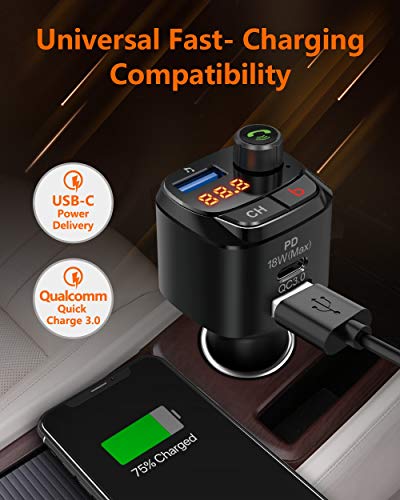 Nulaxy Bluetooth Coche Mechero, Transmisor FM Bluetooth para Coches : FM Mechero Bluetooth para Radio de Llamada Manos al Libre Kit de Coche, Cargador automático con 1 Puertos USB-A y USB-C PD